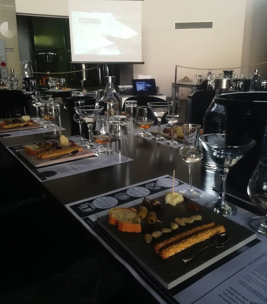 table at 'Dorodouli Tsipouro' tasting room with glasses and aperitifs